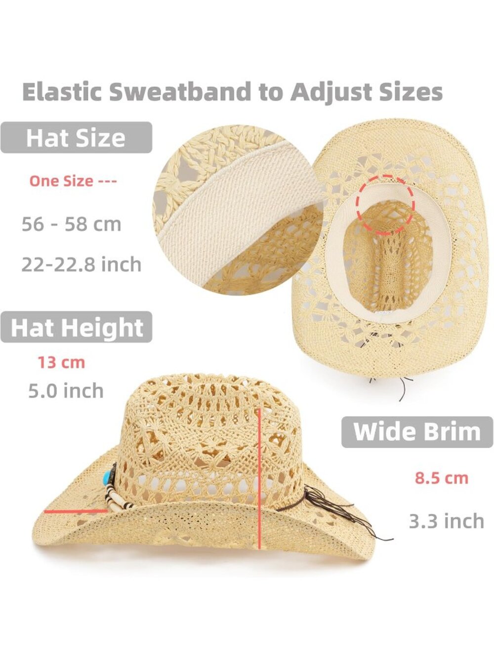 Men's Beige-m Straw Adjustable Wide Brim Sun Beach Western Cowgirl Cowboy Hat - Picture 4 of 6